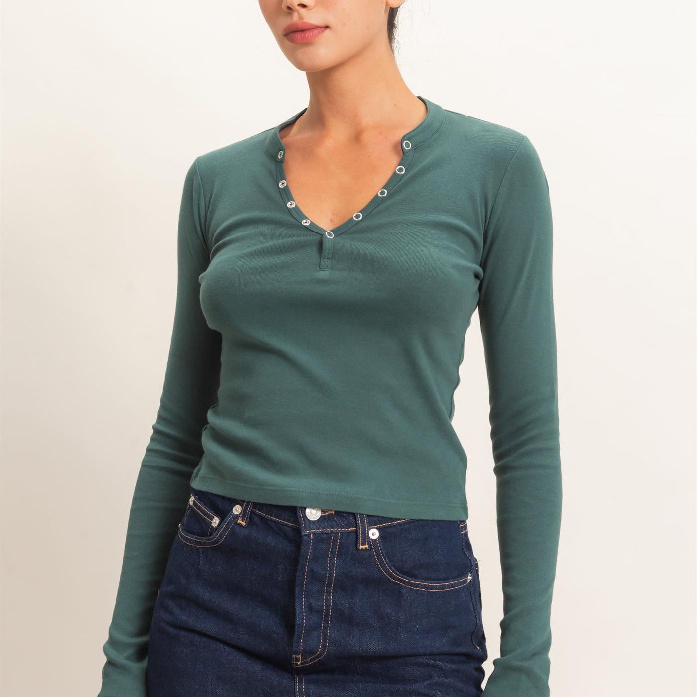 Wholesale Long Sleeve Henley Top Clothing Tops DZ26E865 DARK GREEN DOUBLE ZERO