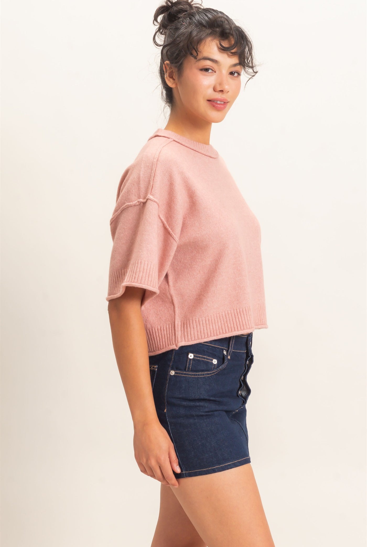 Wholesale Seam Detail Short Sleeve Knit Top Clothing Tops DZ26A827 DUSTY PINK DOUBLE ZERO