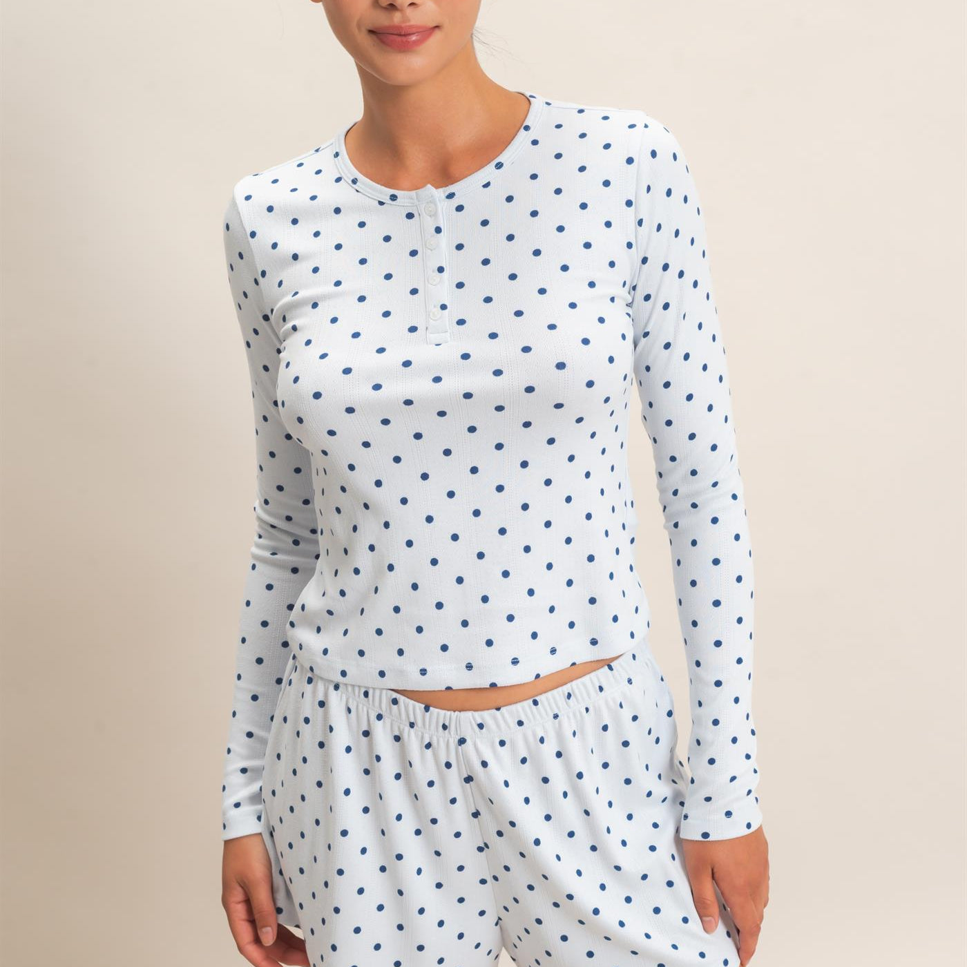 Wholesale Polka Dot Henley Long Sleeve Top & Shorts Set Clothing DZ27A154-SET LIGHT BLUE DOUBLE ZERO
