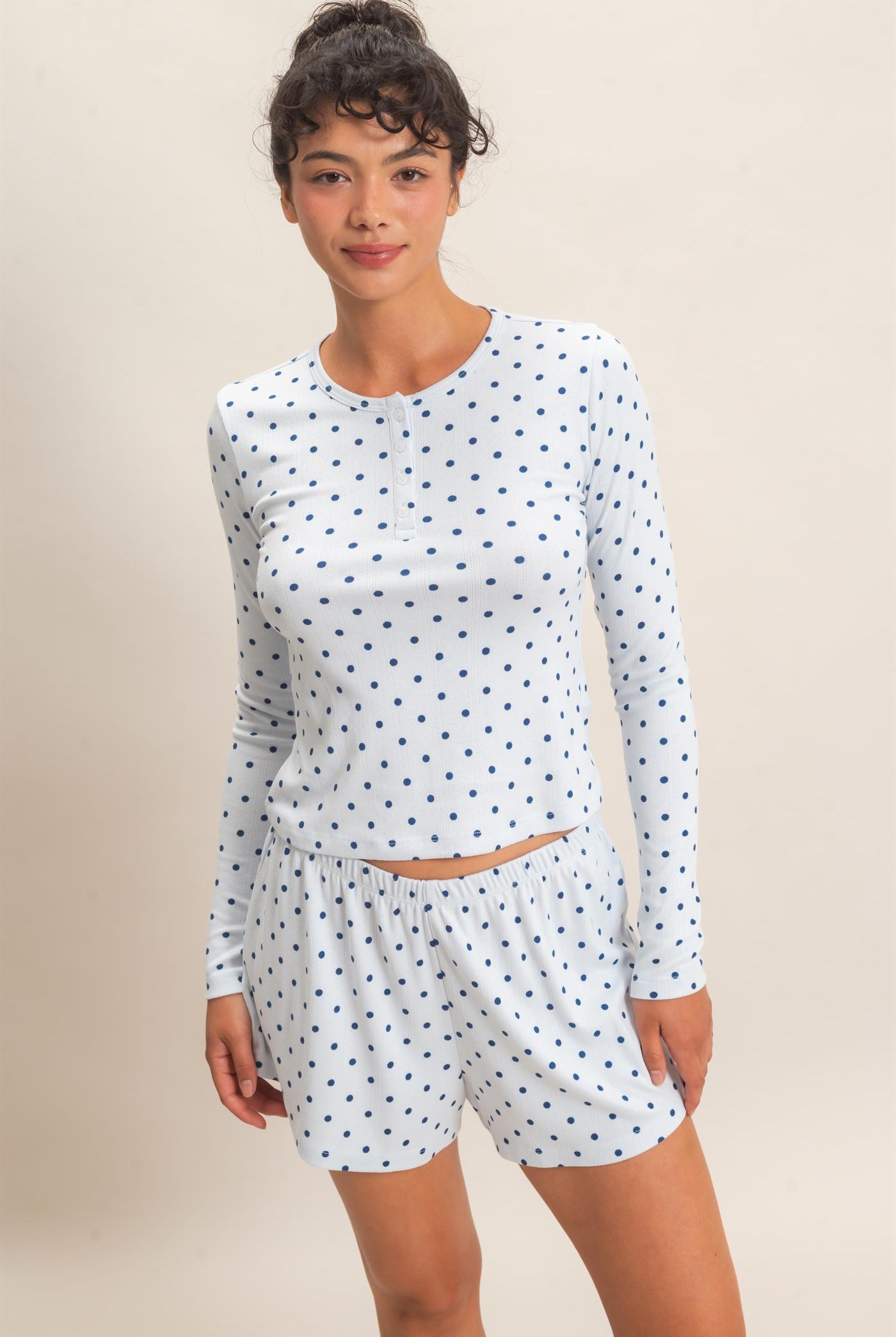 Wholesale Polka Dot Henley Long Sleeve Top & Shorts Set Clothing DZ27A154-SET LIGHT BLUE DOUBLE ZERO