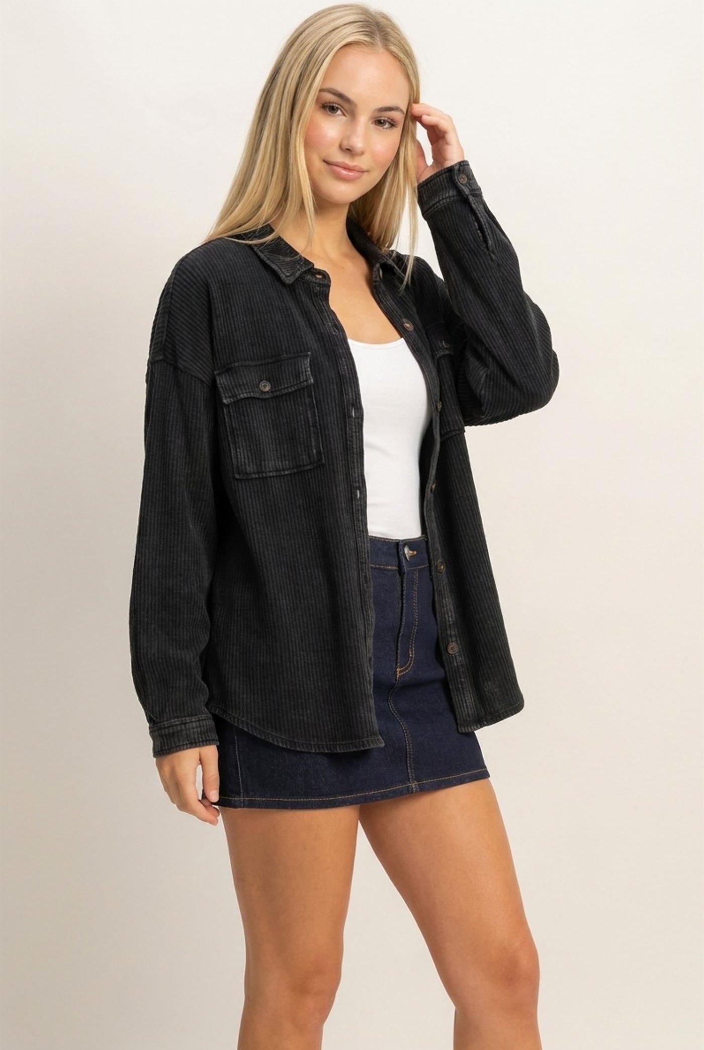 Wholesale Mineral Wash Waffle Knit Button-Up Shacket Coats & Jackets DZ26E249 BLACK DOUBLE ZERO