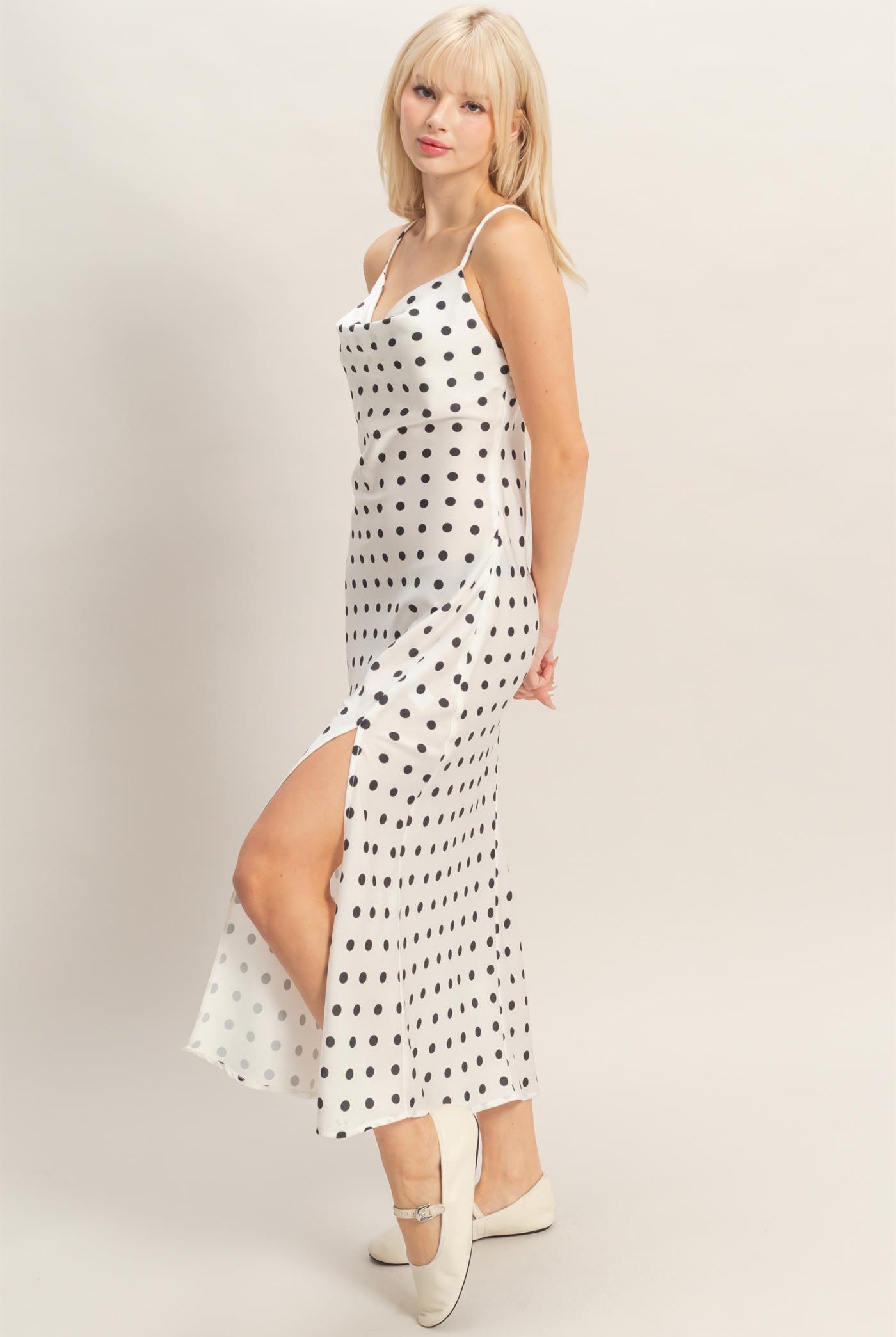 Wholesale Polka Dot Spaghetti Strap Cowl Neck Midi Dress Dresses DZ26C049 WHITE DOUBLE ZERO