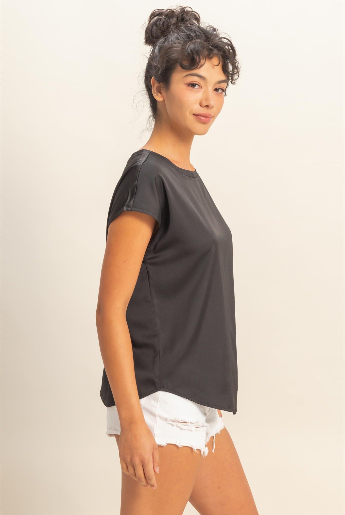 Wholesale Satin Dolman Sleeve Round Neck Blouse Clothing Tops DZ26C181 BLACK DOUBLE ZERO