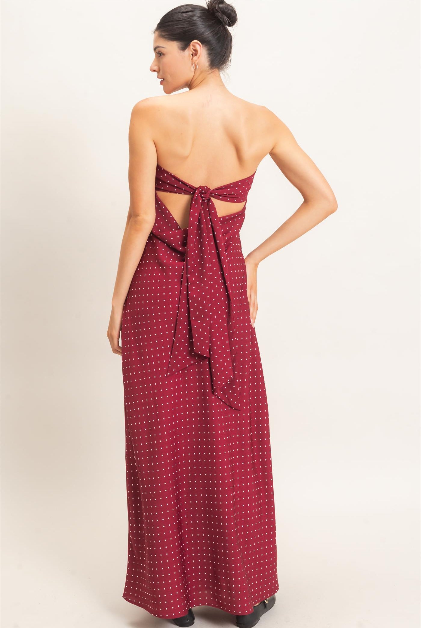 Wholesale Strapless Polka Dot Maxi Dress Dresses HF26E845 BURGUNDY HYFVE