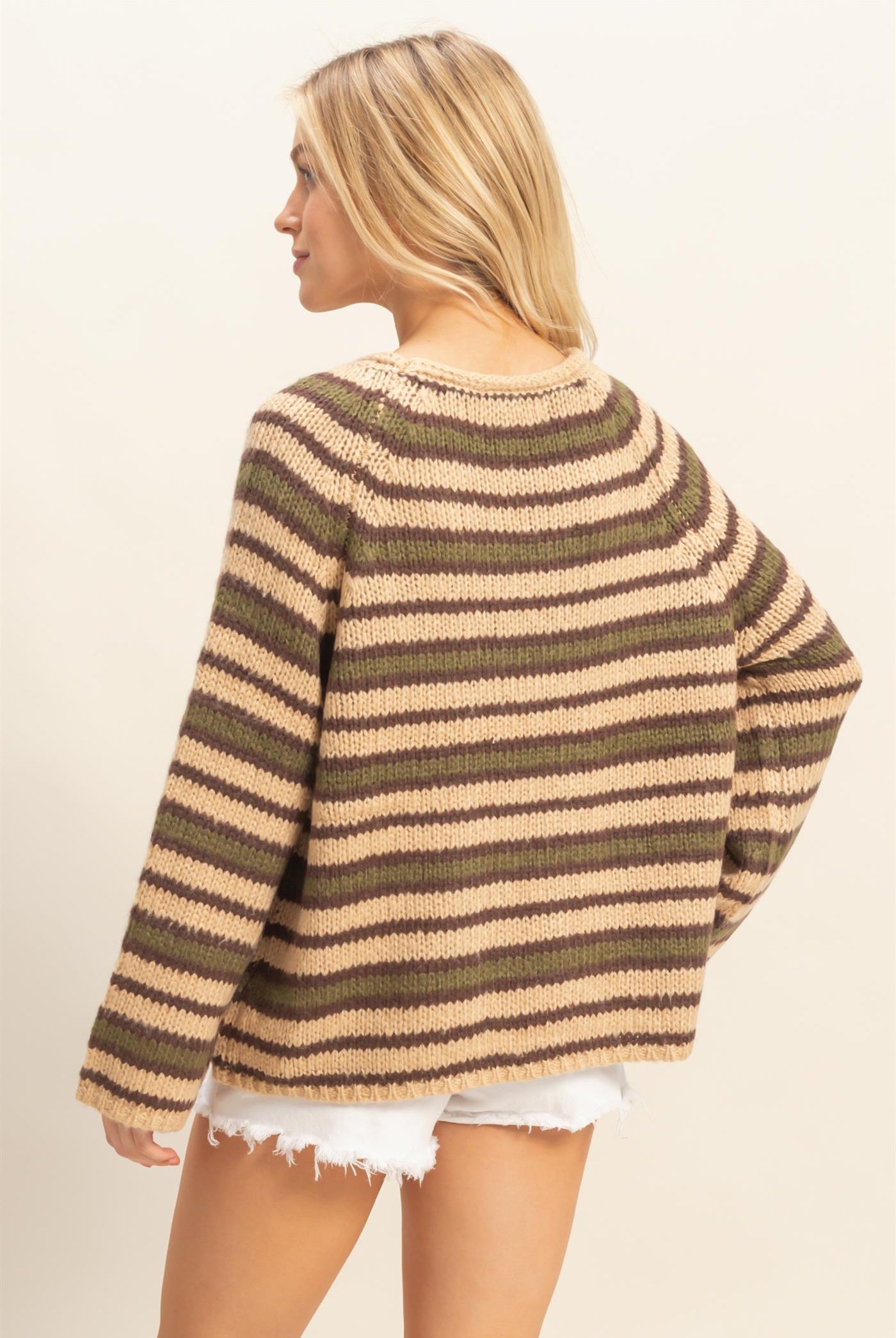 Wholesale Kangaroo Pocket Detail Striped Pullover Sweaters HF25E904 TAUPE COMBO HYFVE