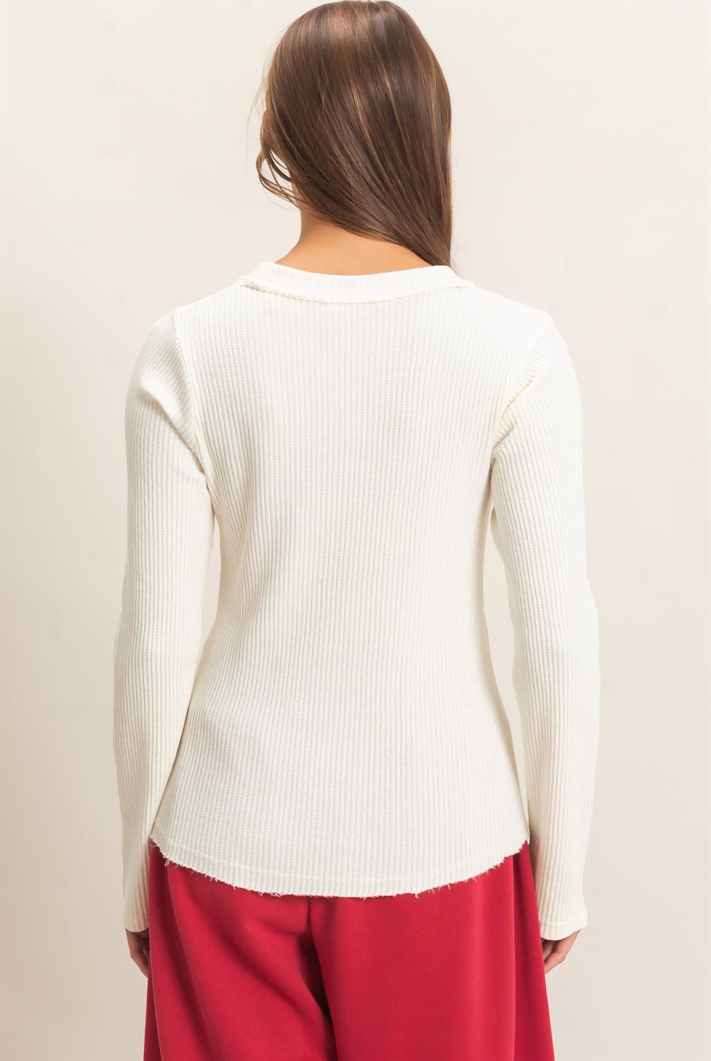 Wholesale Mineral Wash Waffle Henley Long Sleeve Top Clothing Tops DZ26E243 CREAM DOUBLE ZERO