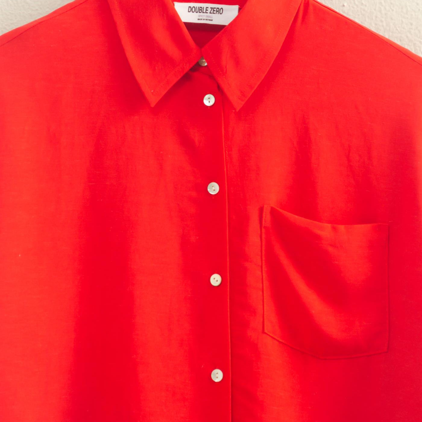 Wholesale Linen Blend Cropped Button-Up Shirt With Pocket Clothing Tops DZ26A583 RED DOUBLE ZERO