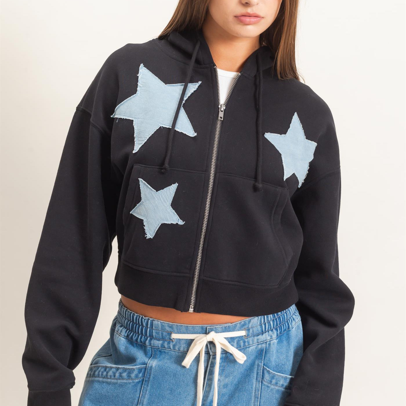Wholesale Star Patch Zip-Up Hoodie Hoodies DZ26E828 BLACK DOUBLE ZERO