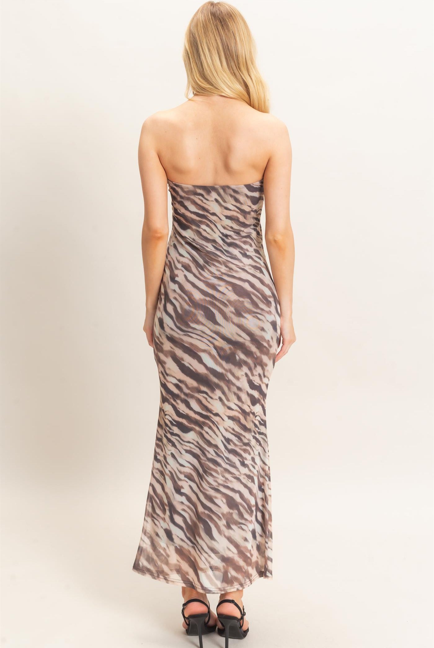Wholesale Strapless Printed Mesh Maxi Dress Dresses HF26F212 TAUPE/ANIMAL HYFVE