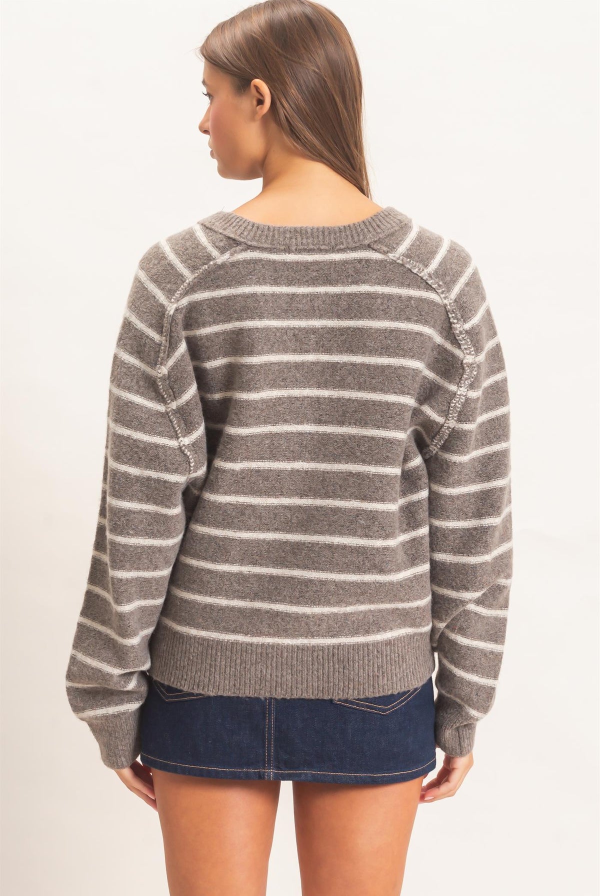 Wholesale Stripe Henley Sweater Sweaters DZ26F002 ASH BROWN DOUBLE ZERO