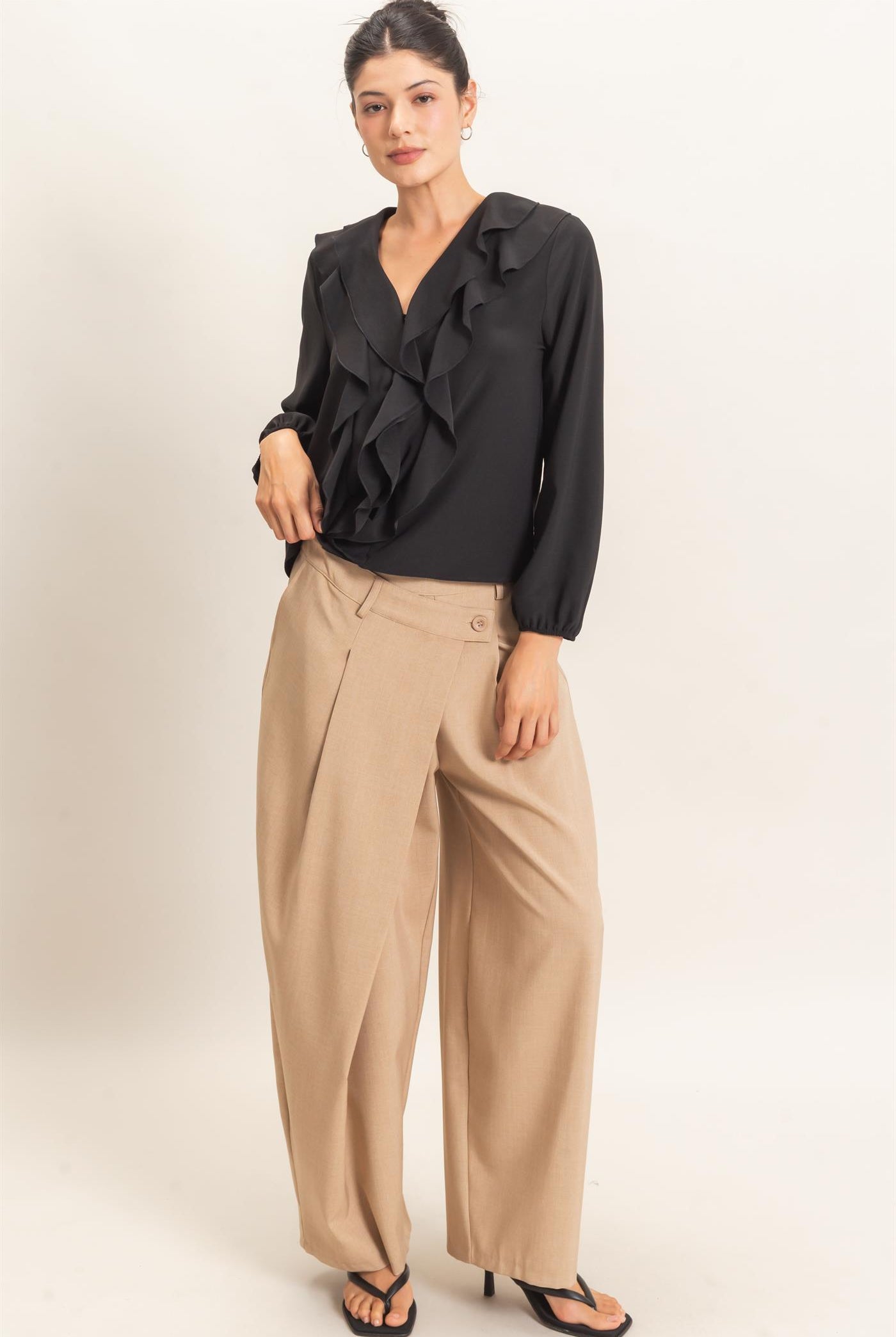 Wholesale Ruffled V-Neck Button-Up Blouse Blouses HF26C739 BLACK HYFVE