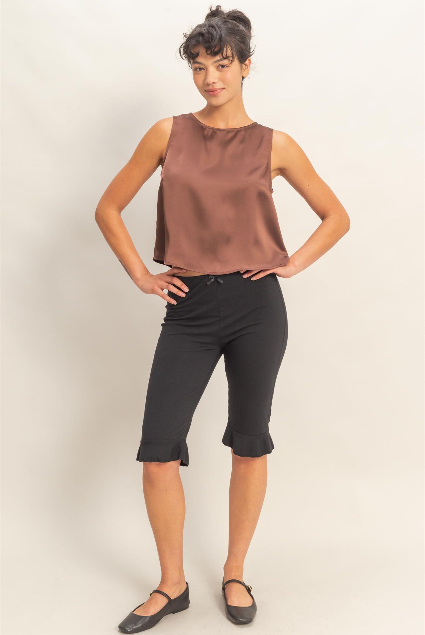Wholesale Satin Sleeveless Round Neck Top With Back Keyhole Clothing Tops DZ26C084 CHOCOLATE DOUBLE ZERO