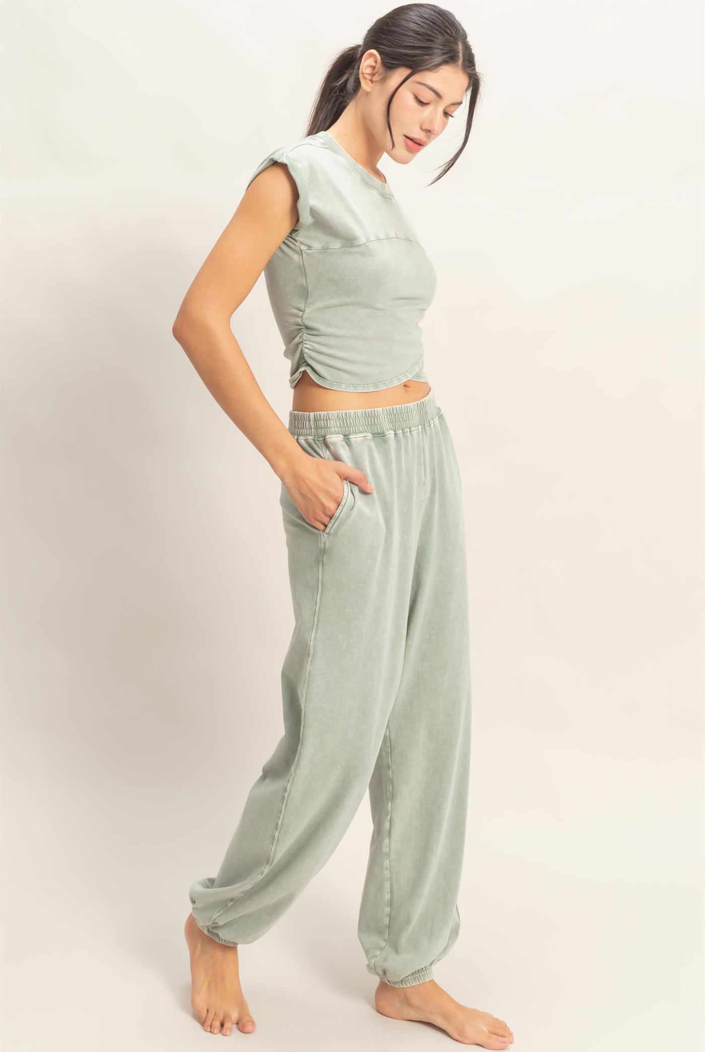 Wholesale Rolled Sleeve Wrap-Front Crop Top And Jogger Set Clothing DZ26A172-SET SAGE GREEN DOUBLE ZERO