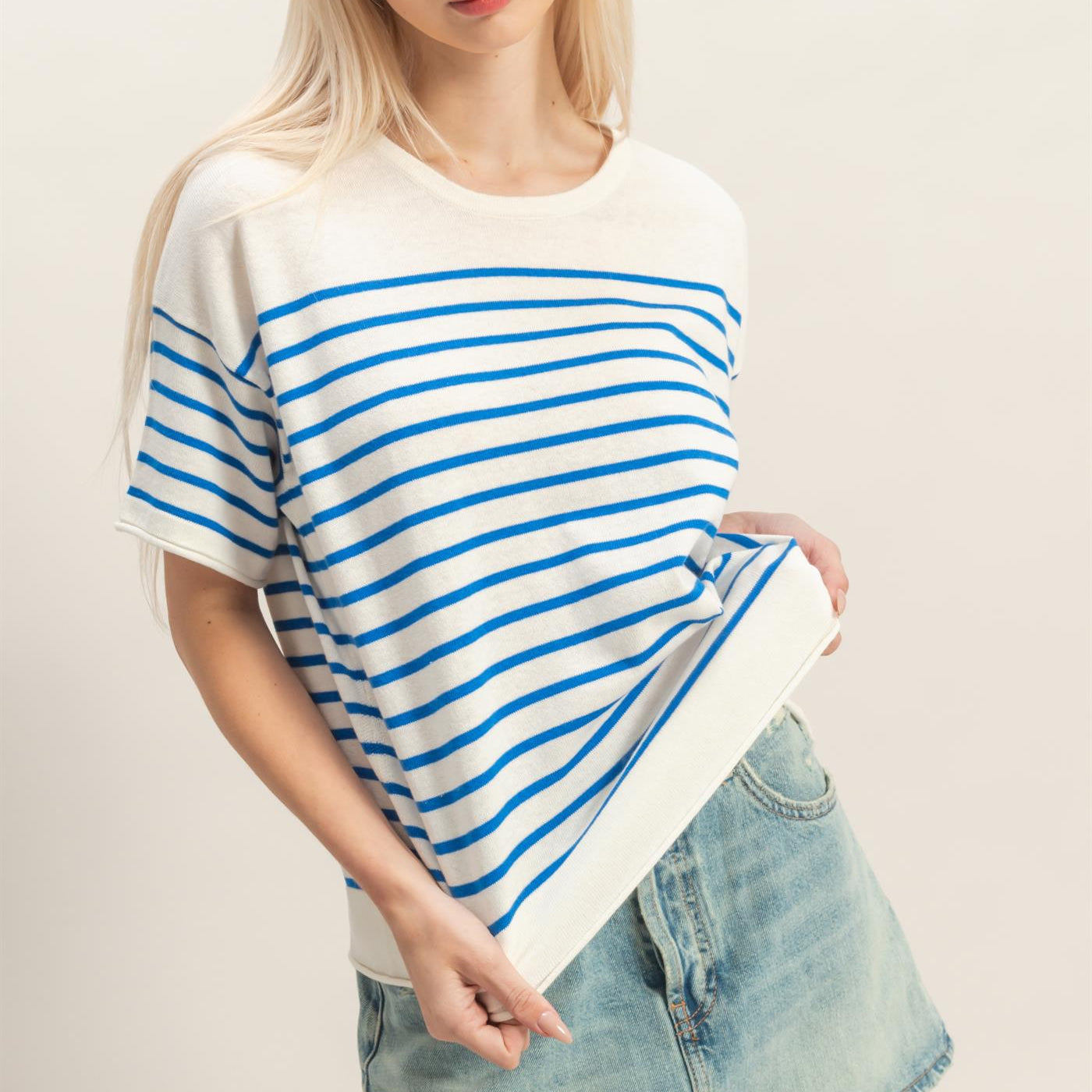 Wholesale Striped Short Sleeve Knit Top Clothing Tops DZ26A838 BLUE DOUBLE ZERO