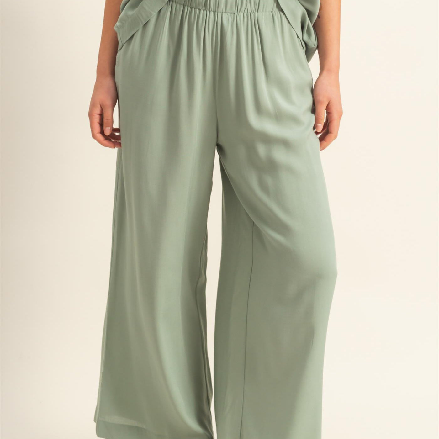 Wholesale High Waist Woven Wide Leg Pants Pants DZ25C192 SAGE GREEN DOUBLE ZERO