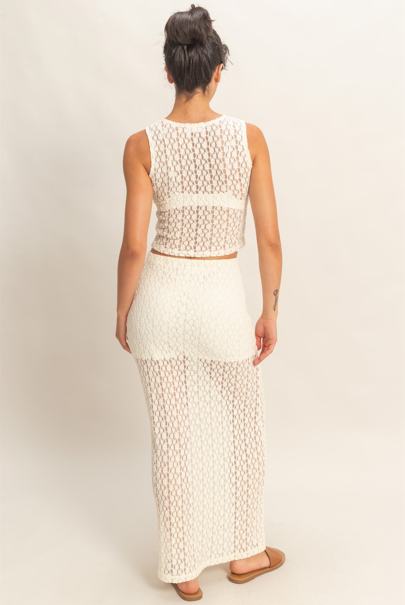 Wholesale Round Neck Lace Top & Lace Maxi Skirt Set Clothing DZ26C670-SET CREAM DOUBLE ZERO
