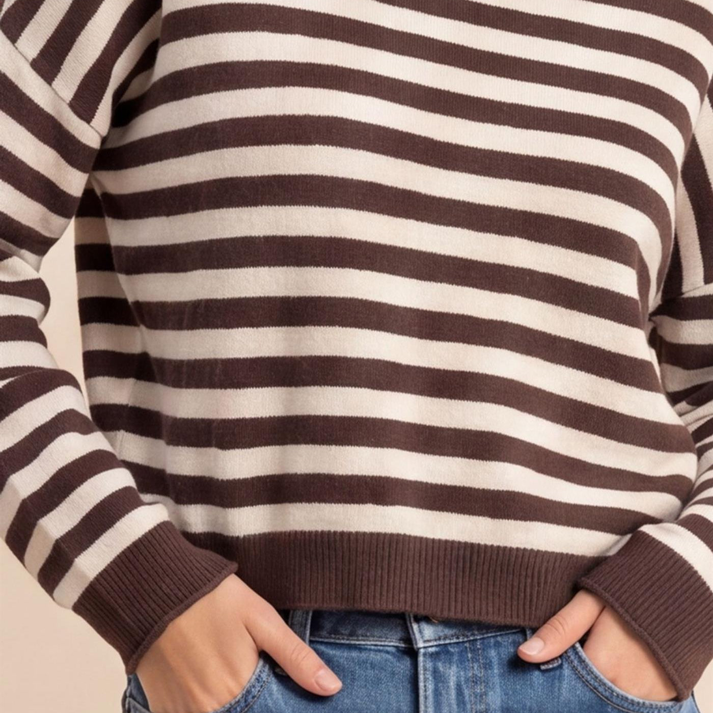 Wholesale Off The Shoulder Striped Sweater Sweaters DZ26E653 DARK BROWN DOUBLE ZERO