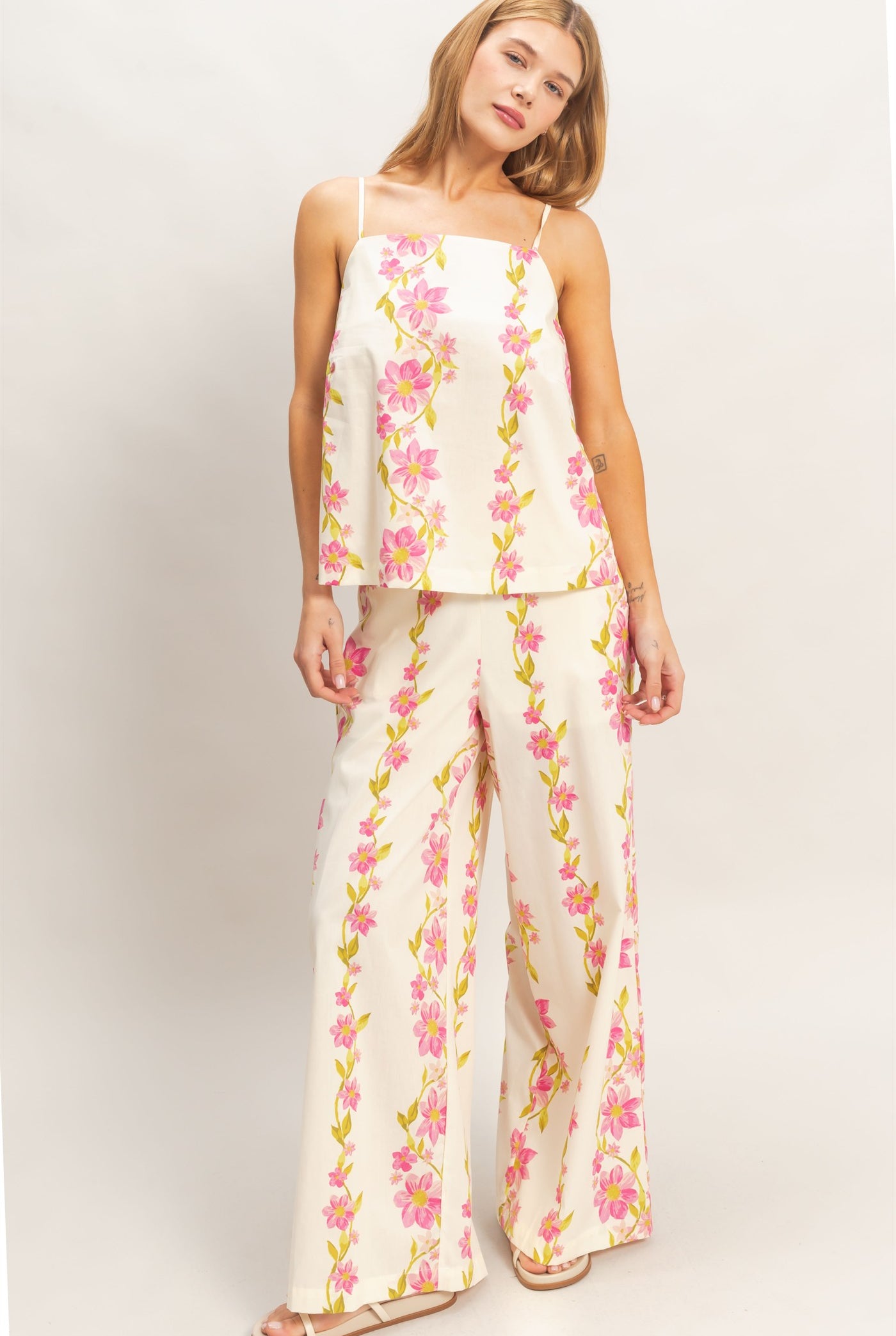 Wholesale Floral Spaghetti Strap Top & Pants Set Clothing HF26C569-SET PINK HYFVE