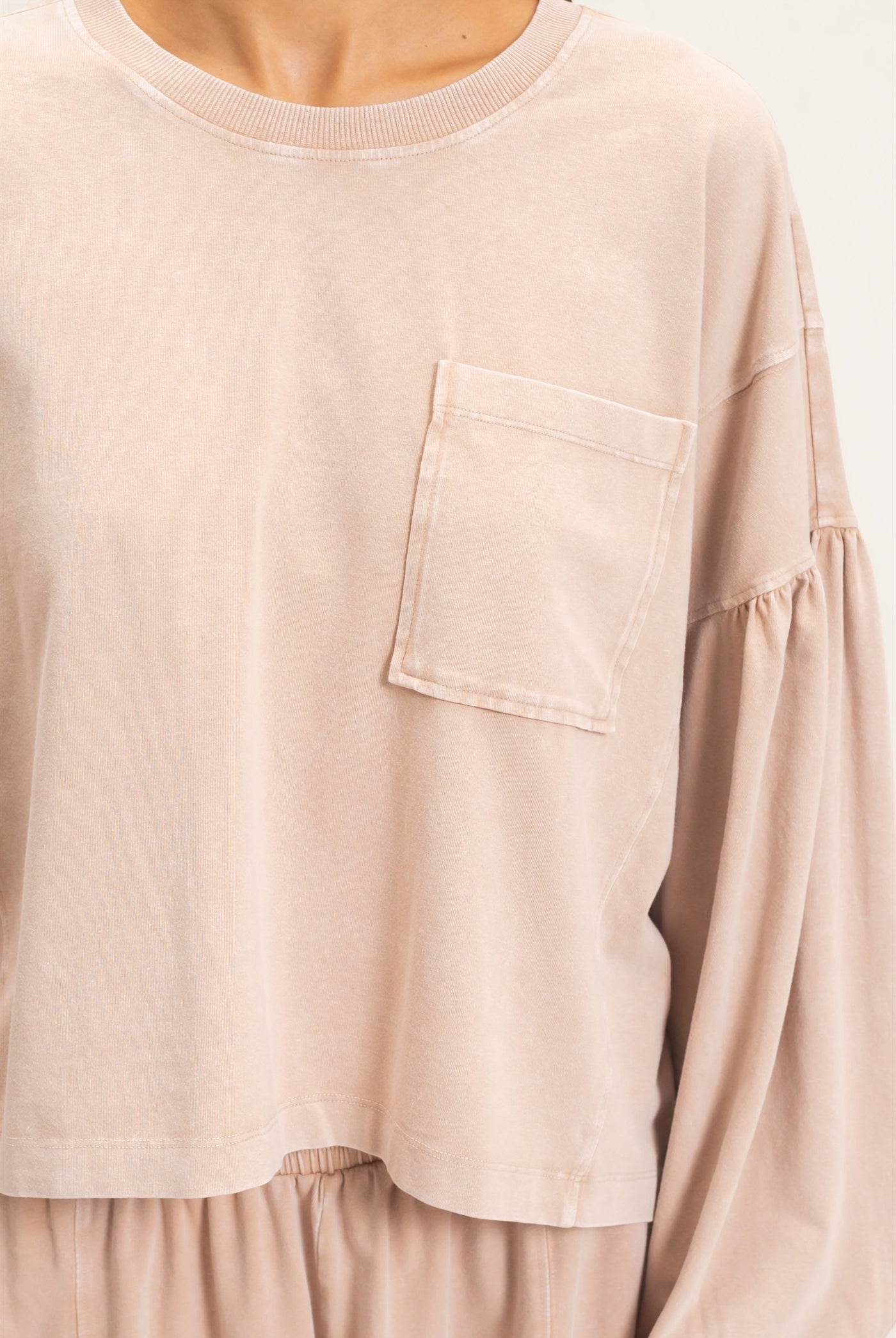 Wholesale Mineral Wash Puff Long Sleeve Boxy Top Clothing Tops DZ26F402 DARK TAUPE DOUBLE ZERO