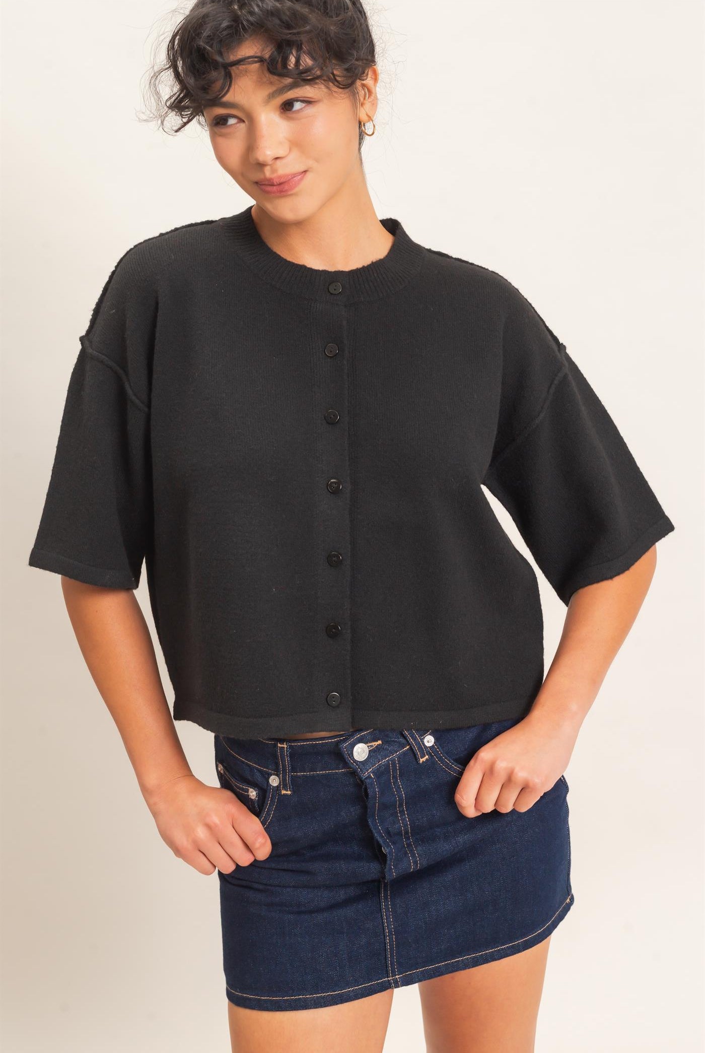 Wholesale Drop Shoulder Short Sleeve Cardigan Cardigans DZ26E238 BLACK DOUBLE ZERO
