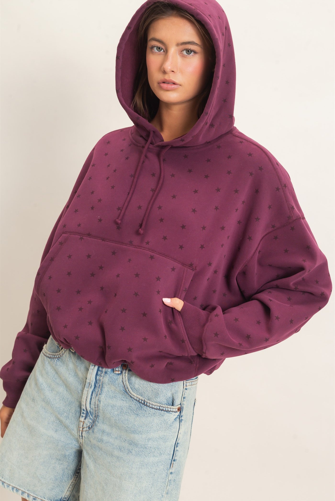 Wholesale Star Print Bubble Hoodie Hoodies DZ26C911 DARK CHERRY DOUBLE ZERO