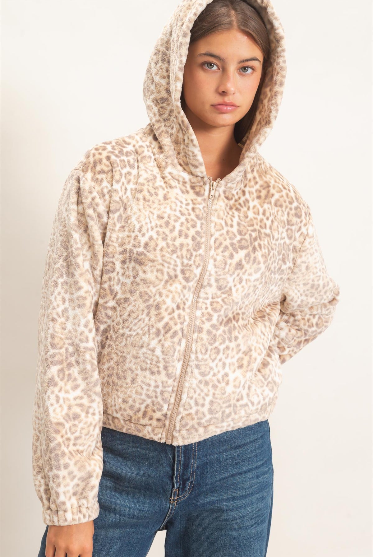 Wholesale Leopard Fleece Zip-Up Hoodie Hoodies DZ26E831 BEIGE DOUBLE ZERO