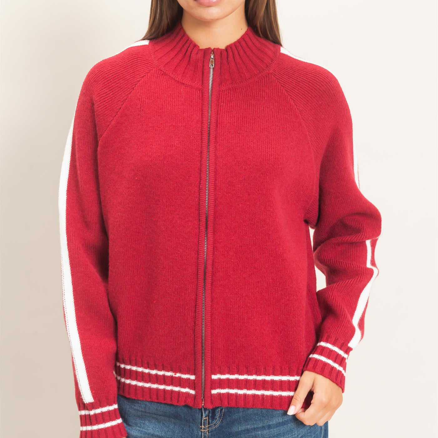 Wholesale Contrast Stripe Zip-Up Sweater Sweaters DZ26E861 DARK RED DOUBLE ZERO