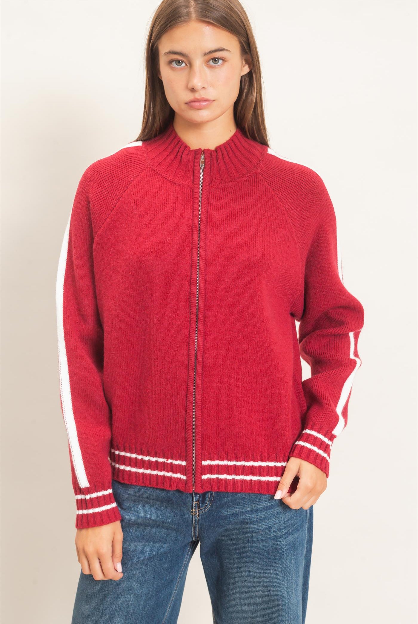 Wholesale Contrast Stripe Zip-Up Sweater Sweaters DZ26E861 DARK RED DOUBLE ZERO