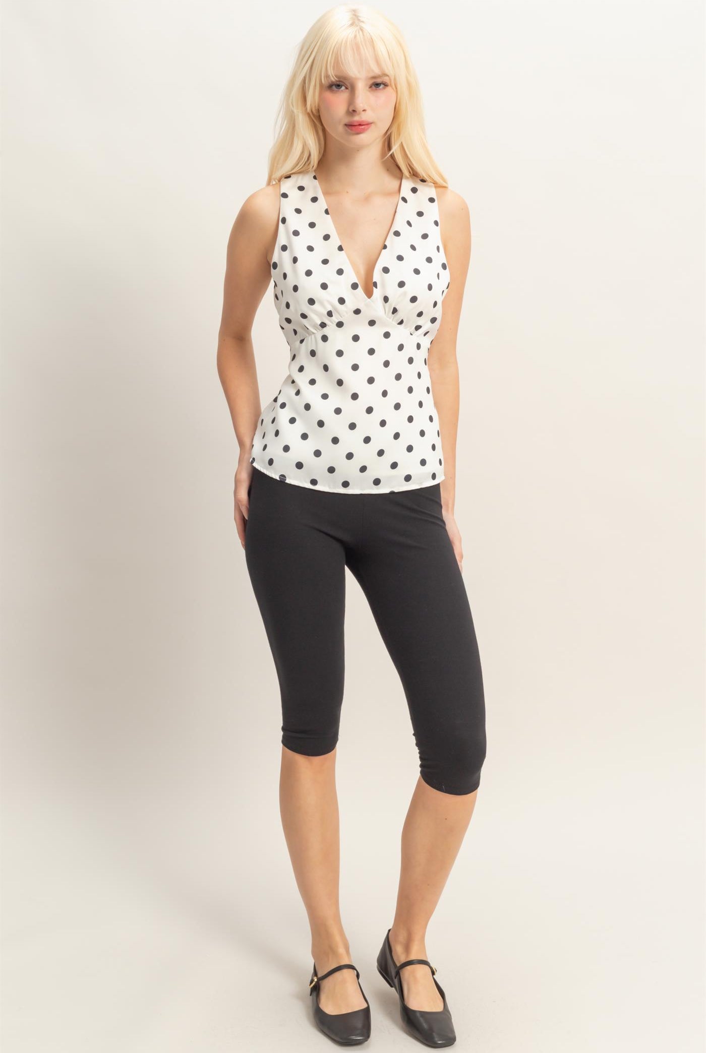Wholesale Polka Dot V-Neck Satin Top Clothing Tops DZ26C198 WHITE DOUBLE ZERO
