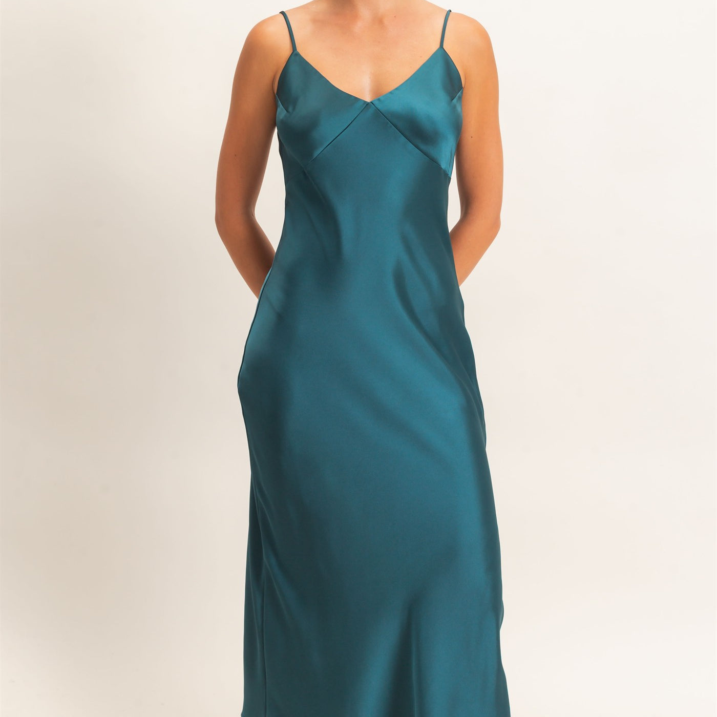 Wholesale Satin V-Neck Slip Dress Dresses DZ26E262 DARK TEAL DOUBLE ZERO