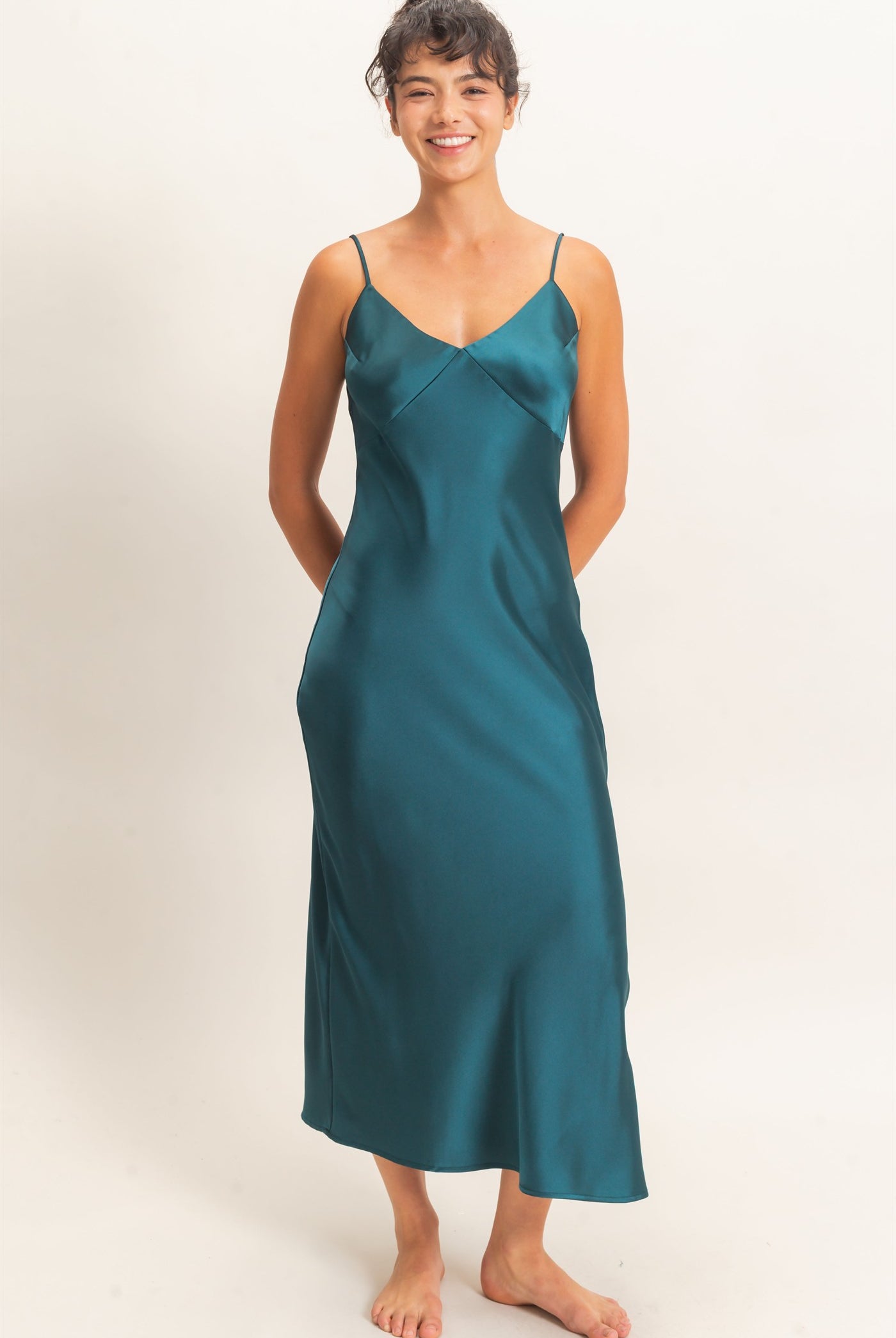 Wholesale Satin V-Neck Slip Dress Dresses DZ26E262 DARK TEAL DOUBLE ZERO