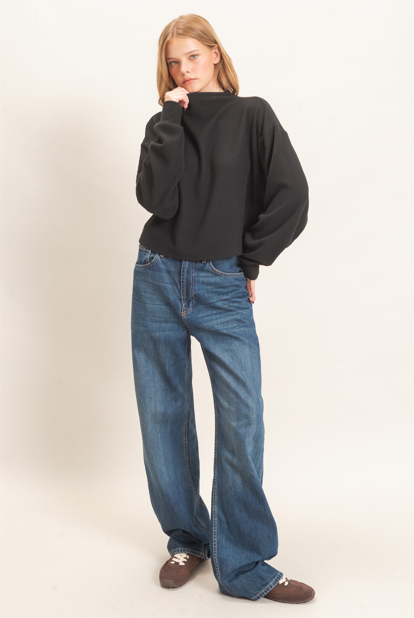 Wholesale Ribbed Mock Neck Top Clothing Tops HF26F030 BLACK HYFVE