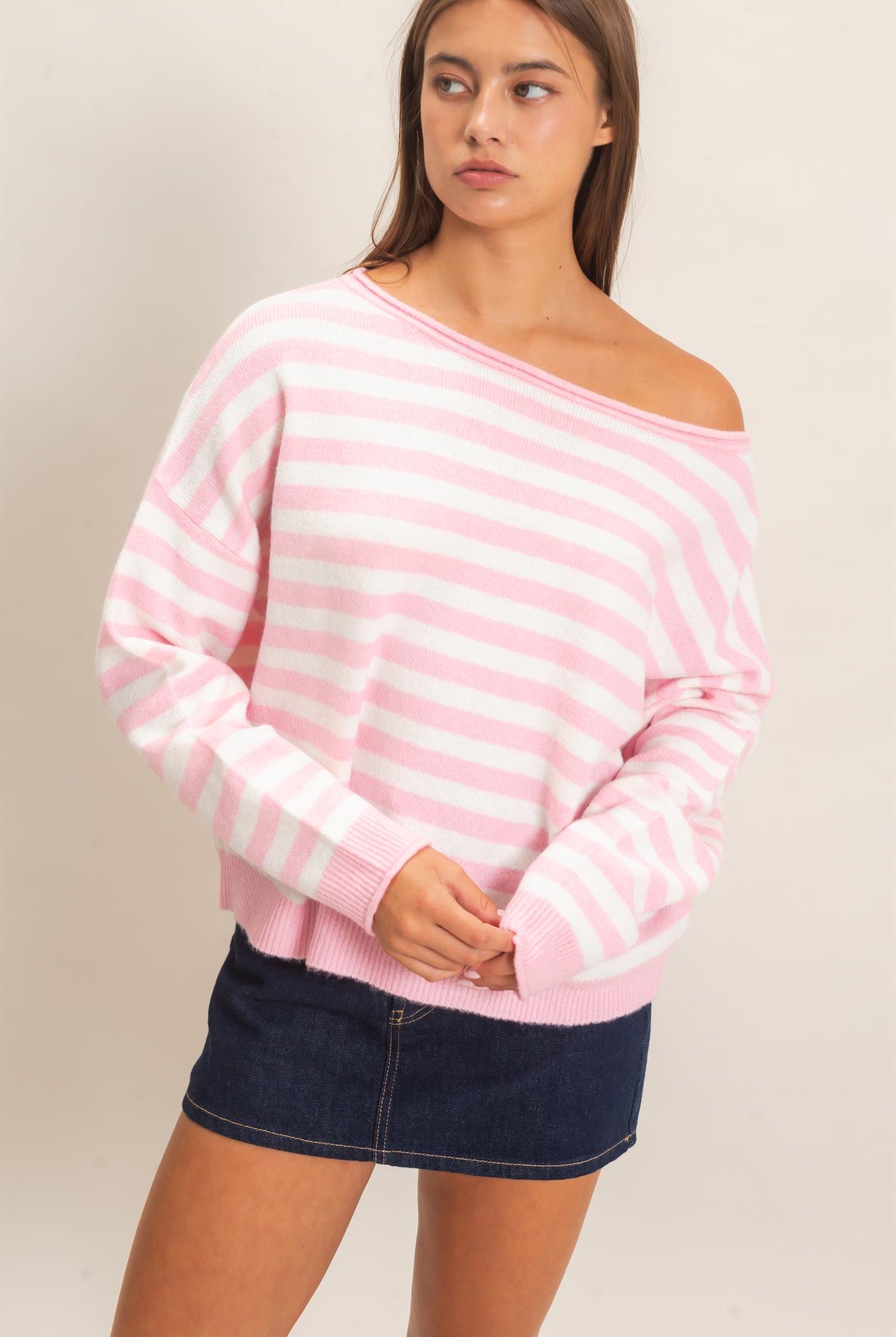 Wholesale Off The Shoulder Striped Sweater Sweaters DZ26E653 PINK DOUBLE ZERO