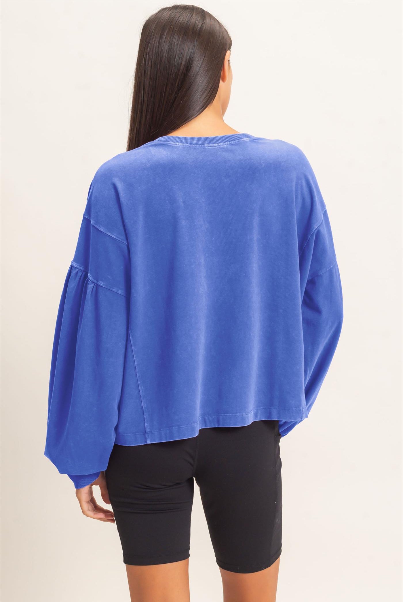 Wholesale Mineral Wash Puff Long Sleeve Boxy Top Clothing Tops DZ26F402 COBALT DOUBLE ZERO