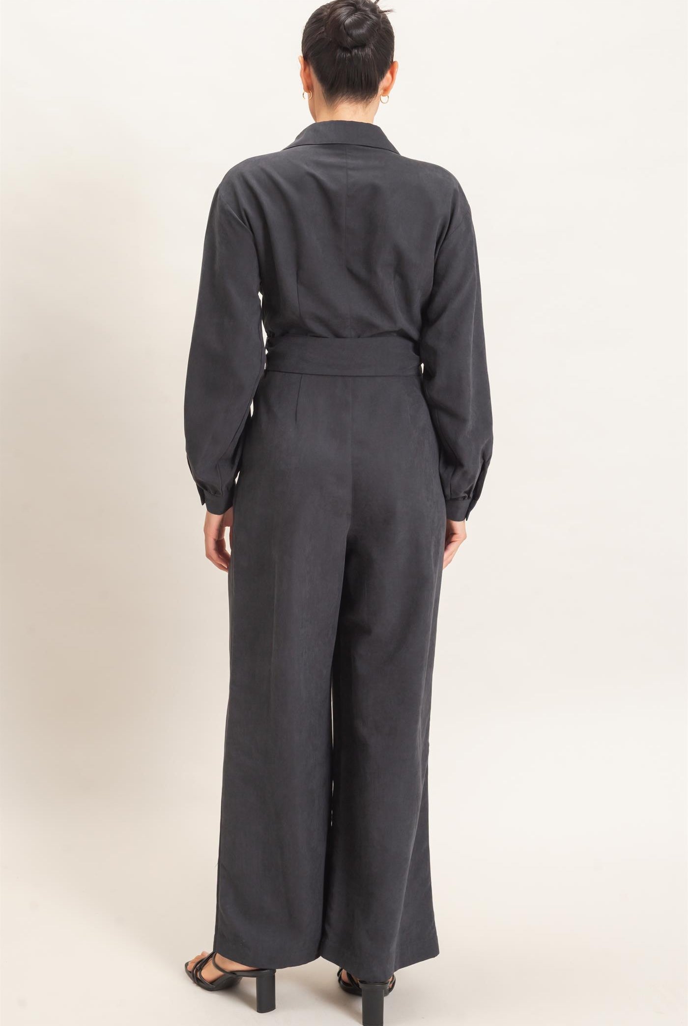 Wholesale Collared Wrap Suede Jumpsuit Clothing HF26C905 BLACK HYFVE