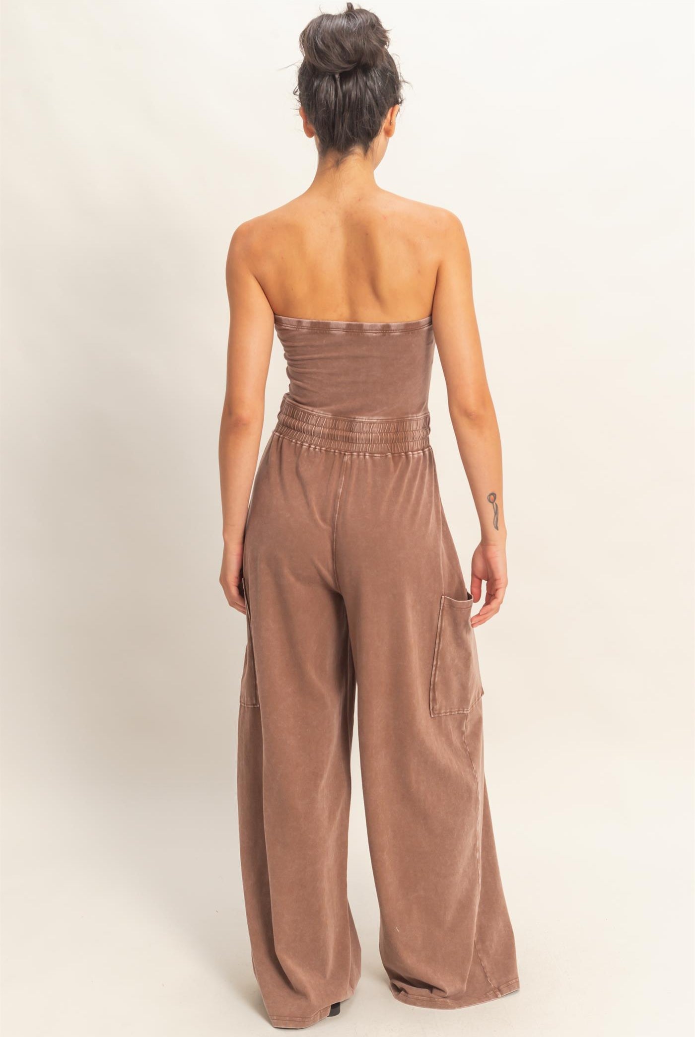 Wholesale Mineral Wash Strapless Wide-Leg Jumpsuit Clothing DZ26C376 CHOCOLATE DOUBLE ZERO