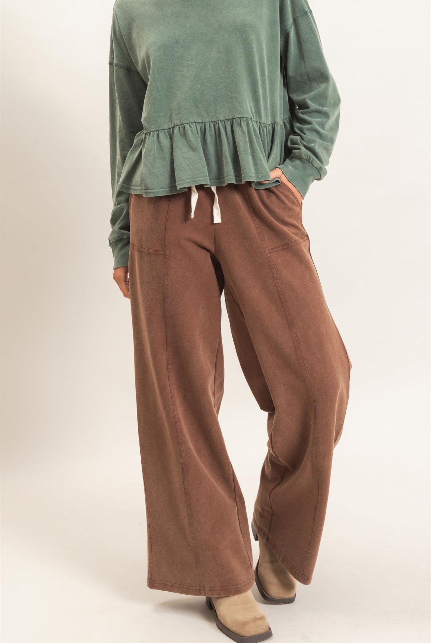 Wholesale Acid Wash Drawstring Waist Wide Leg Pants Pants DZ25A685 DARK BROWN DOUBLE ZERO