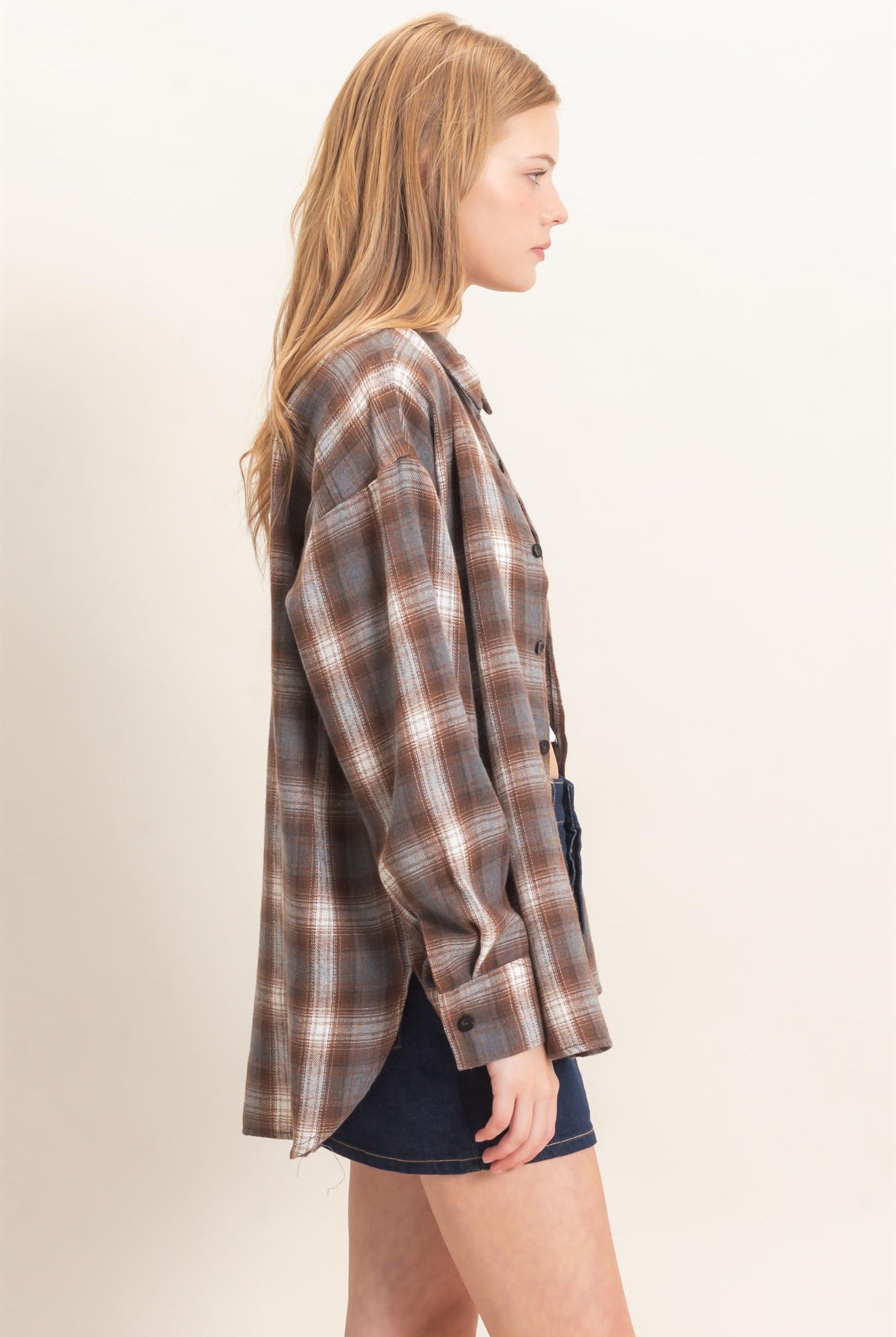 Wholesale Plaid Button-Up Shirt Clothing Tops HF26F017 BROWN HYFVE