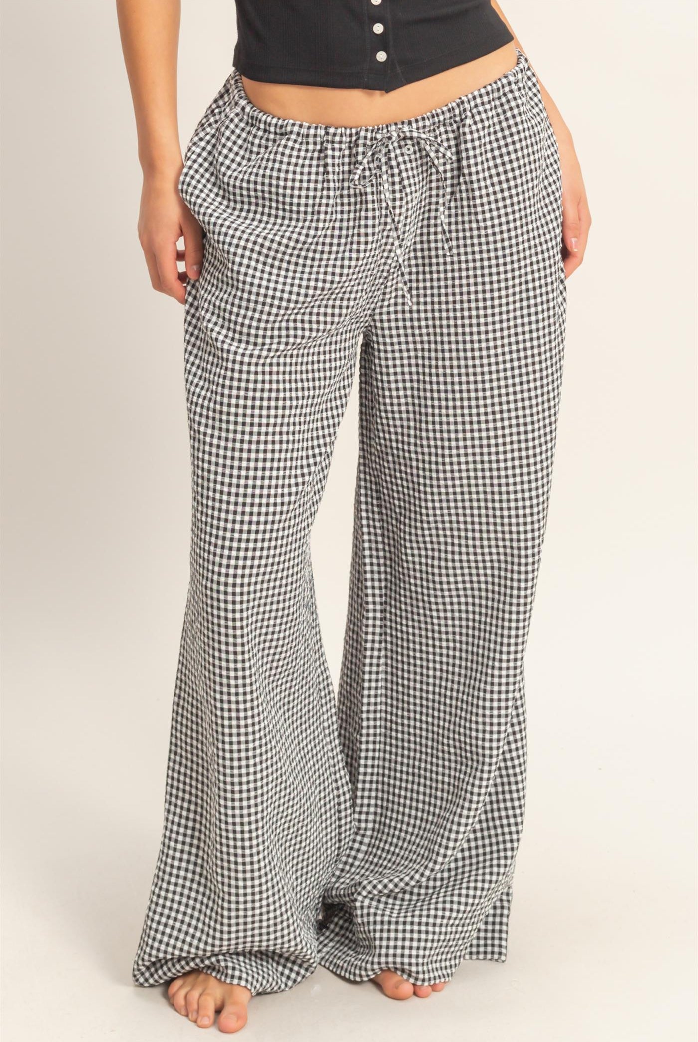 Wholesale Gingham Drawstring Wide-Leg Pants Pants DZ26C202 BLACK DOUBLE ZERO