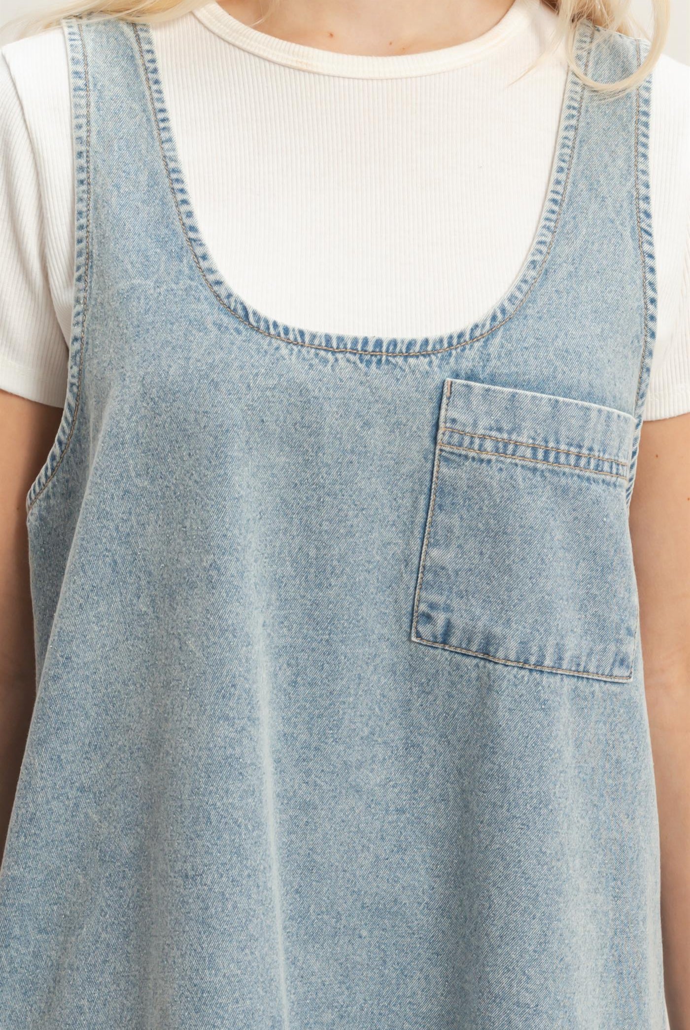 Wholesale Sleeveless Denim Shift Dress Dresses DZ26C204 LIGHT BLUE DOUBLE ZERO