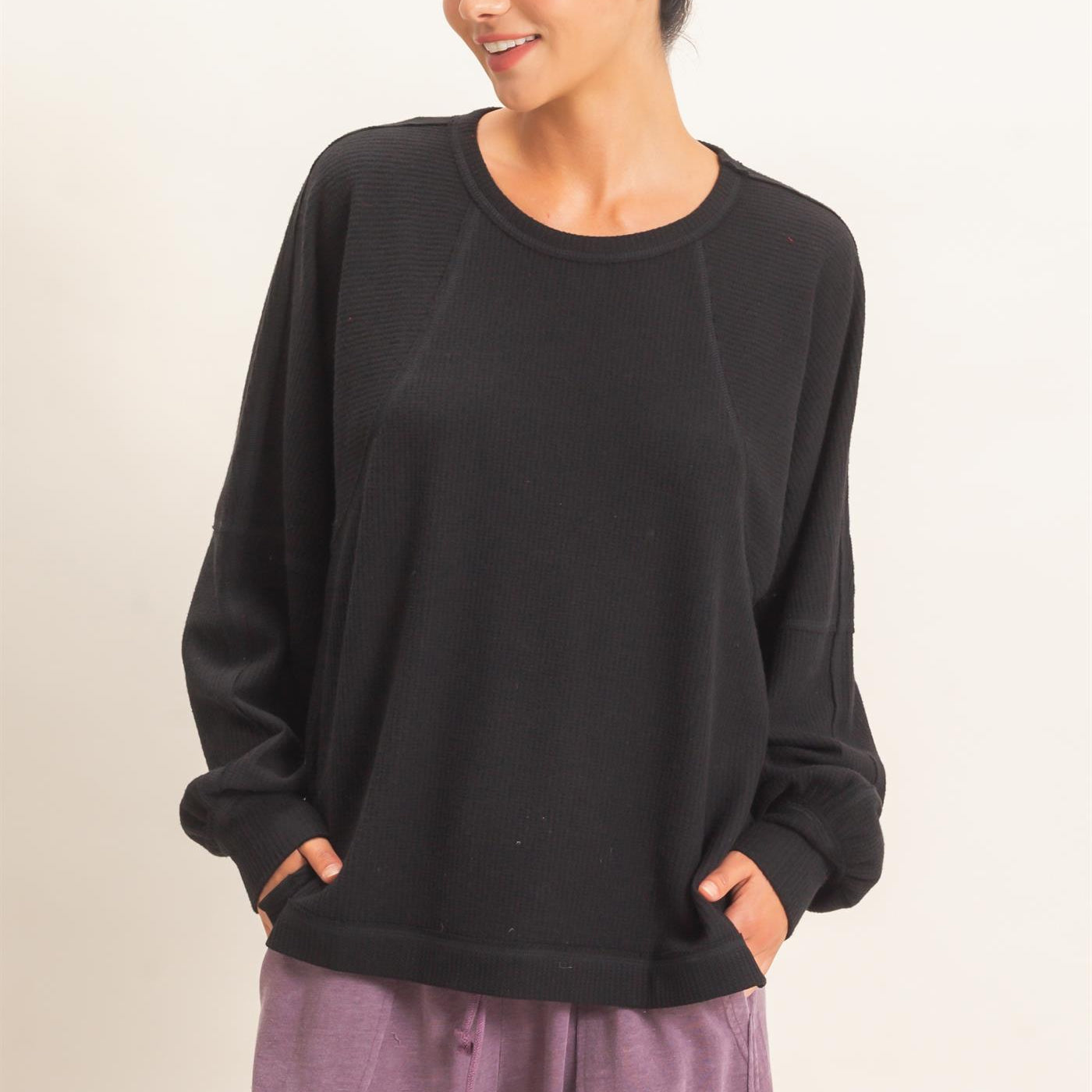 Wholesale Brushed Waffle Long Sleeve Top Clothing Tops DZ26F312 BLACK DOUBLE ZERO