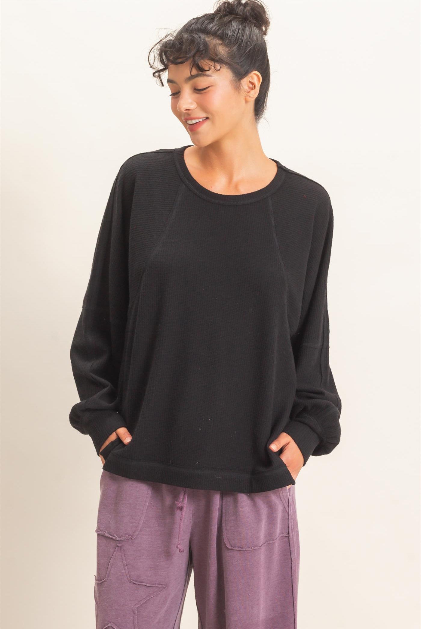 Wholesale Brushed Waffle Long Sleeve Top Clothing Tops DZ26F312 BLACK DOUBLE ZERO