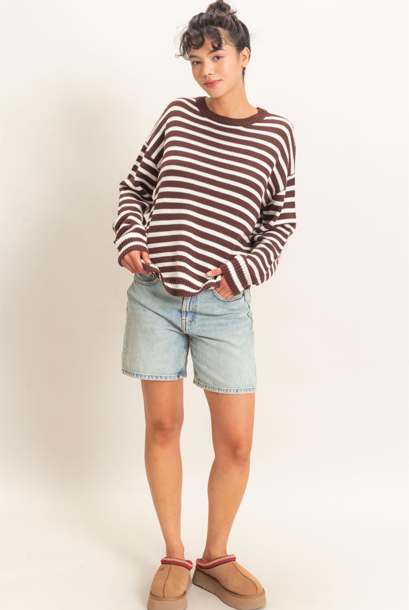 Wholesale Striped Crew Neck Sweater Sweaters DZ26E237 DARK BROWN DOUBLE ZERO