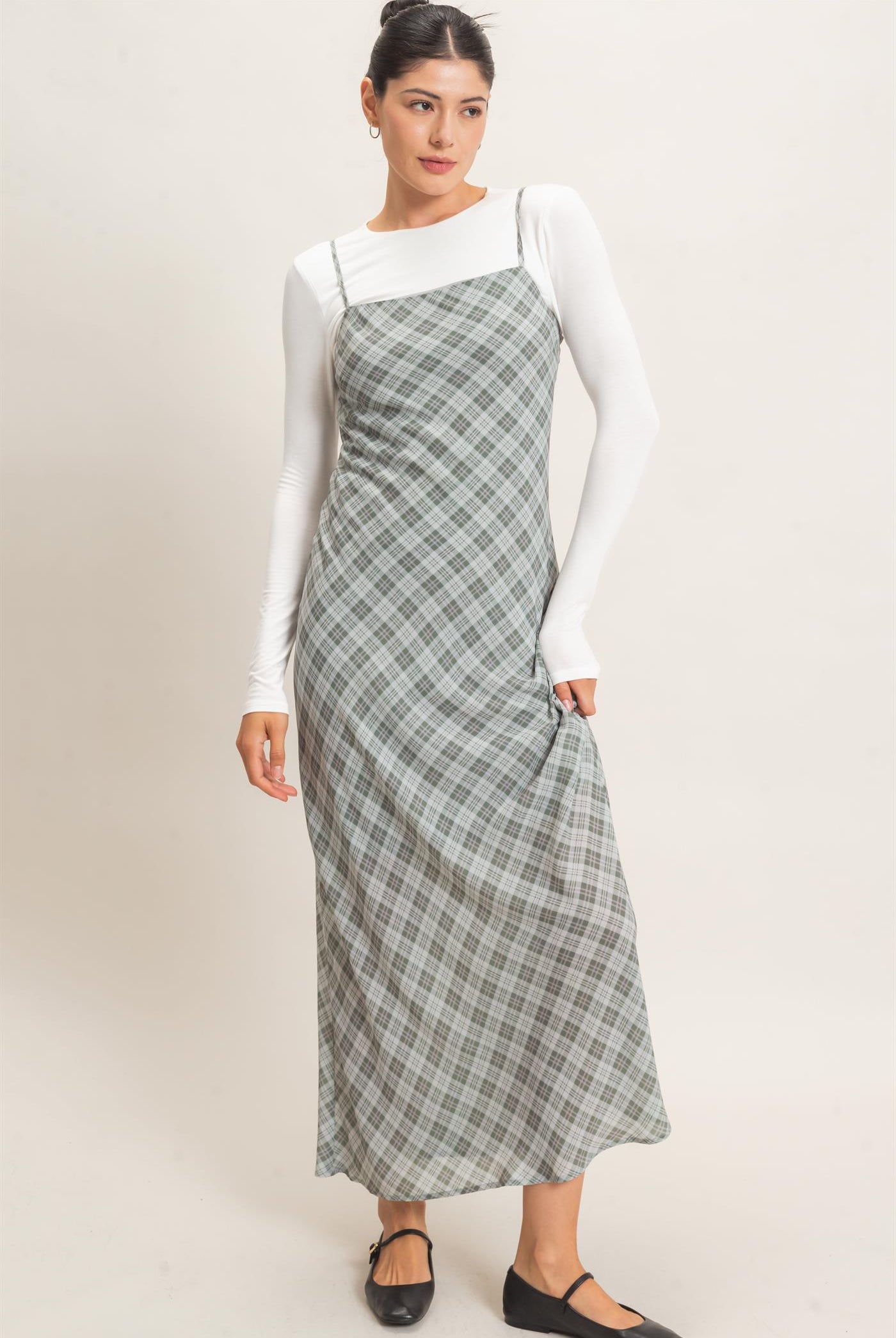 Wholesale Plaid Spaghetti Strap Maxi Dress Dresses HF26E573 SAGE GREEN HYFVE