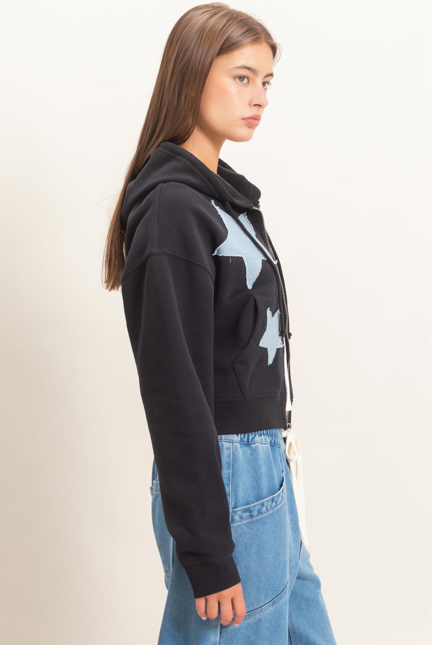 Wholesale Star Patch Zip-Up Hoodie Hoodies DZ26E828 BLACK DOUBLE ZERO