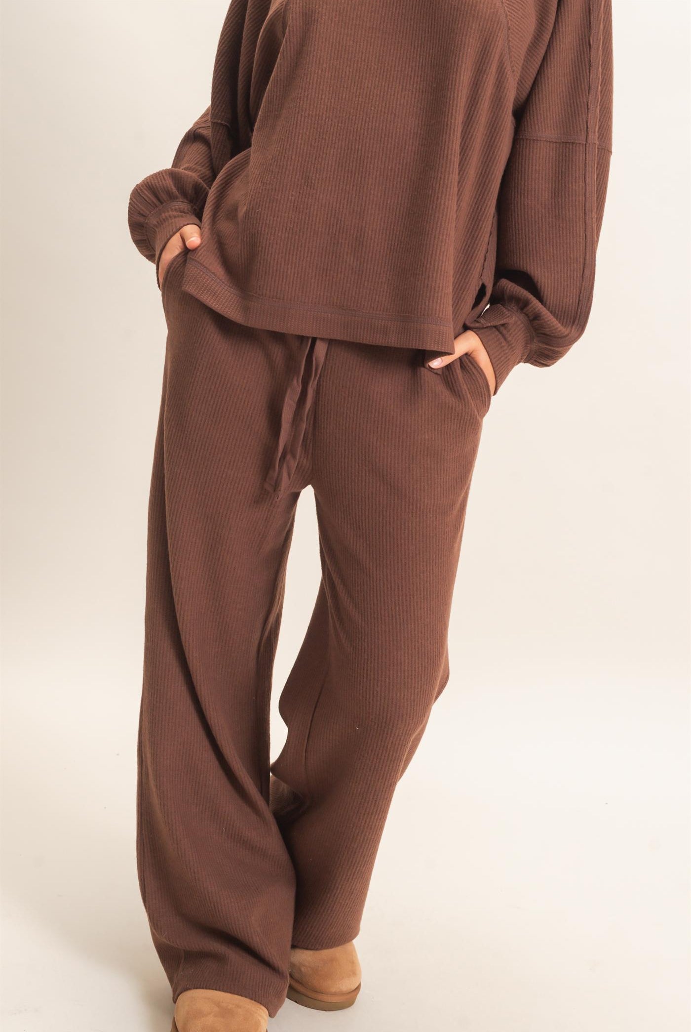 Wholesale Brushed Waffle Drawstring Pants Pants DZ26F313 DARK BROWN DOUBLE ZERO