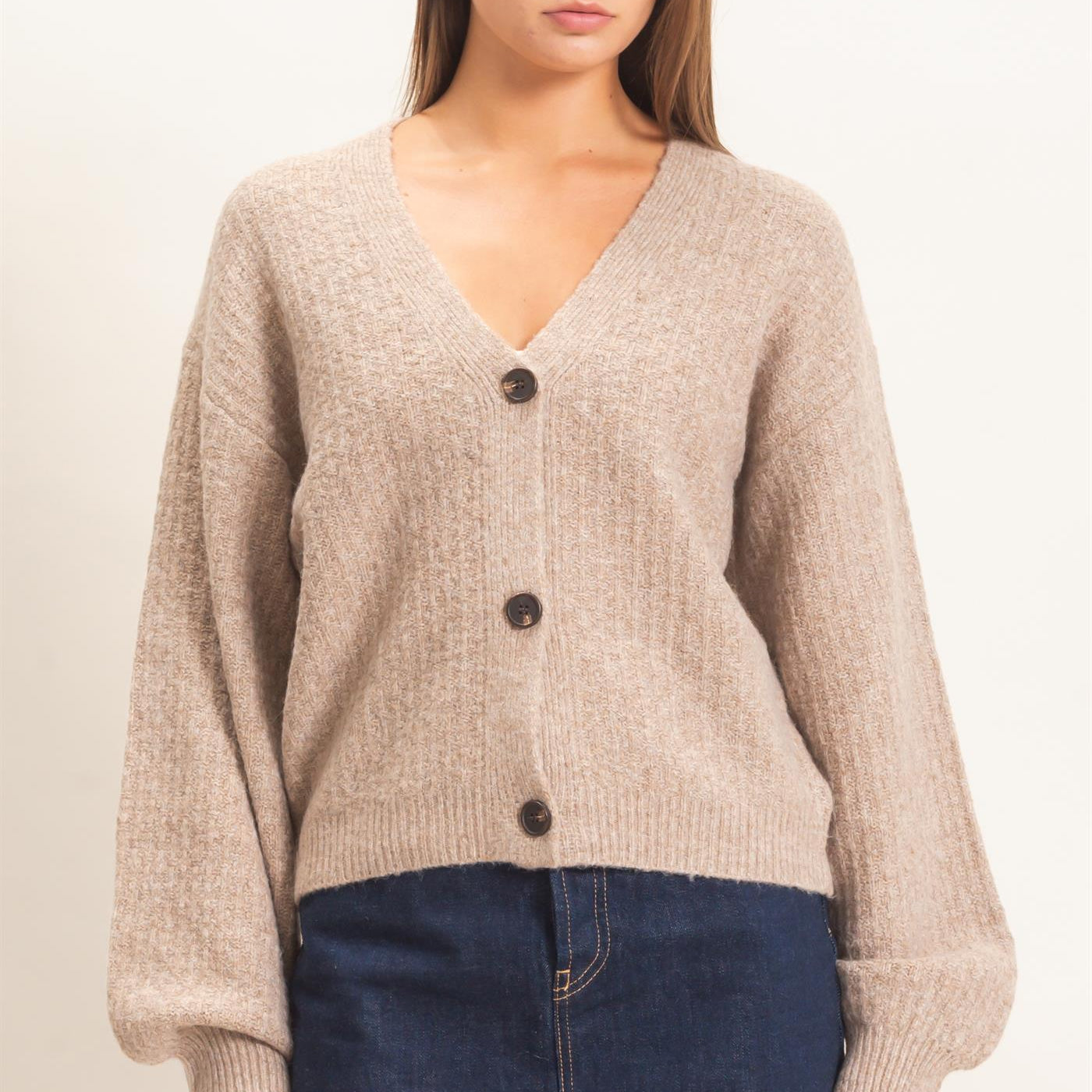 Wholesale Textured V-Neck Cardigan Cardigans DZ26E080 DARK TAUPE DOUBLE ZERO