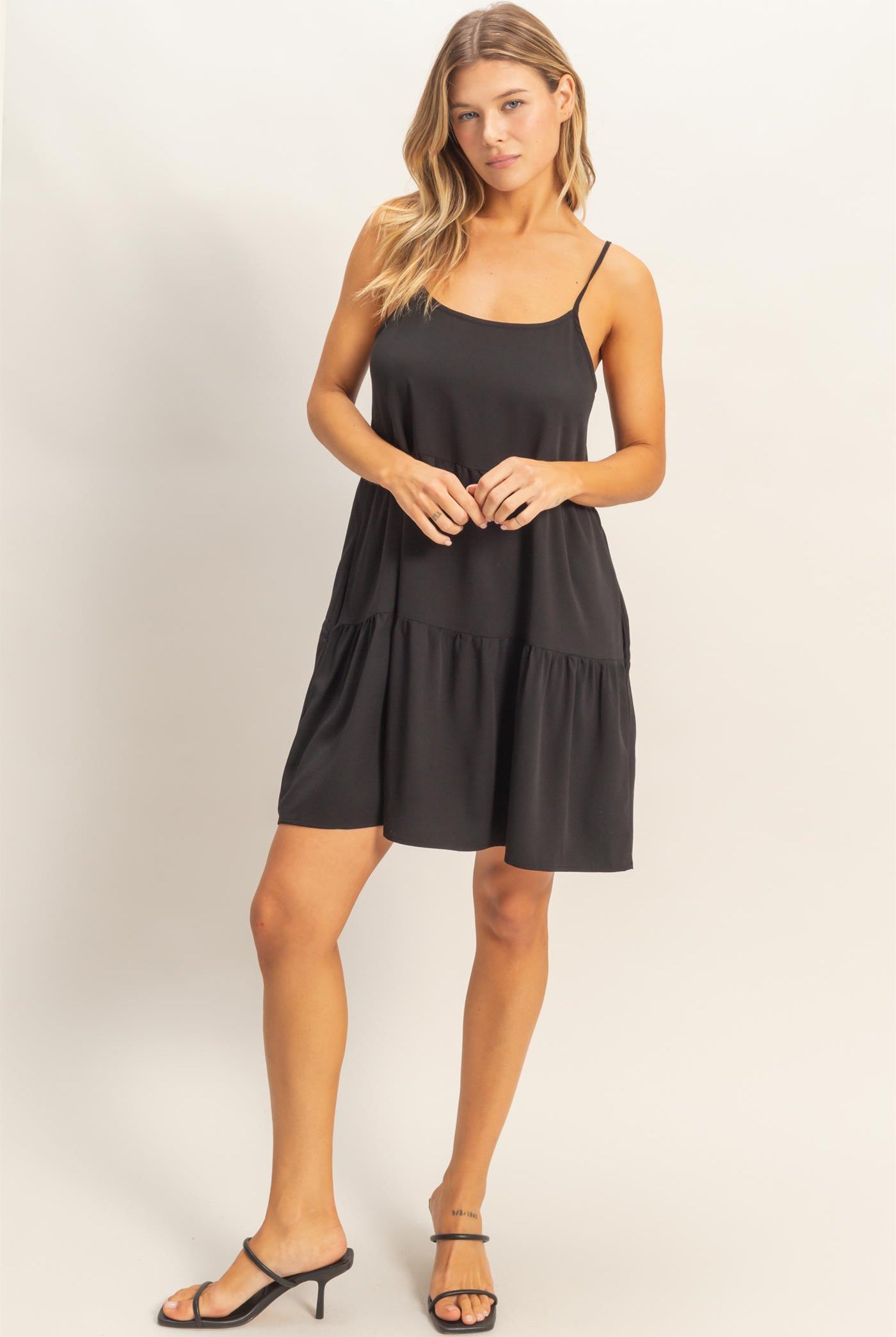 Wholesale Tiered Spaghetti Strap Dress Dresses HF26E426-D BLACK HYFVE