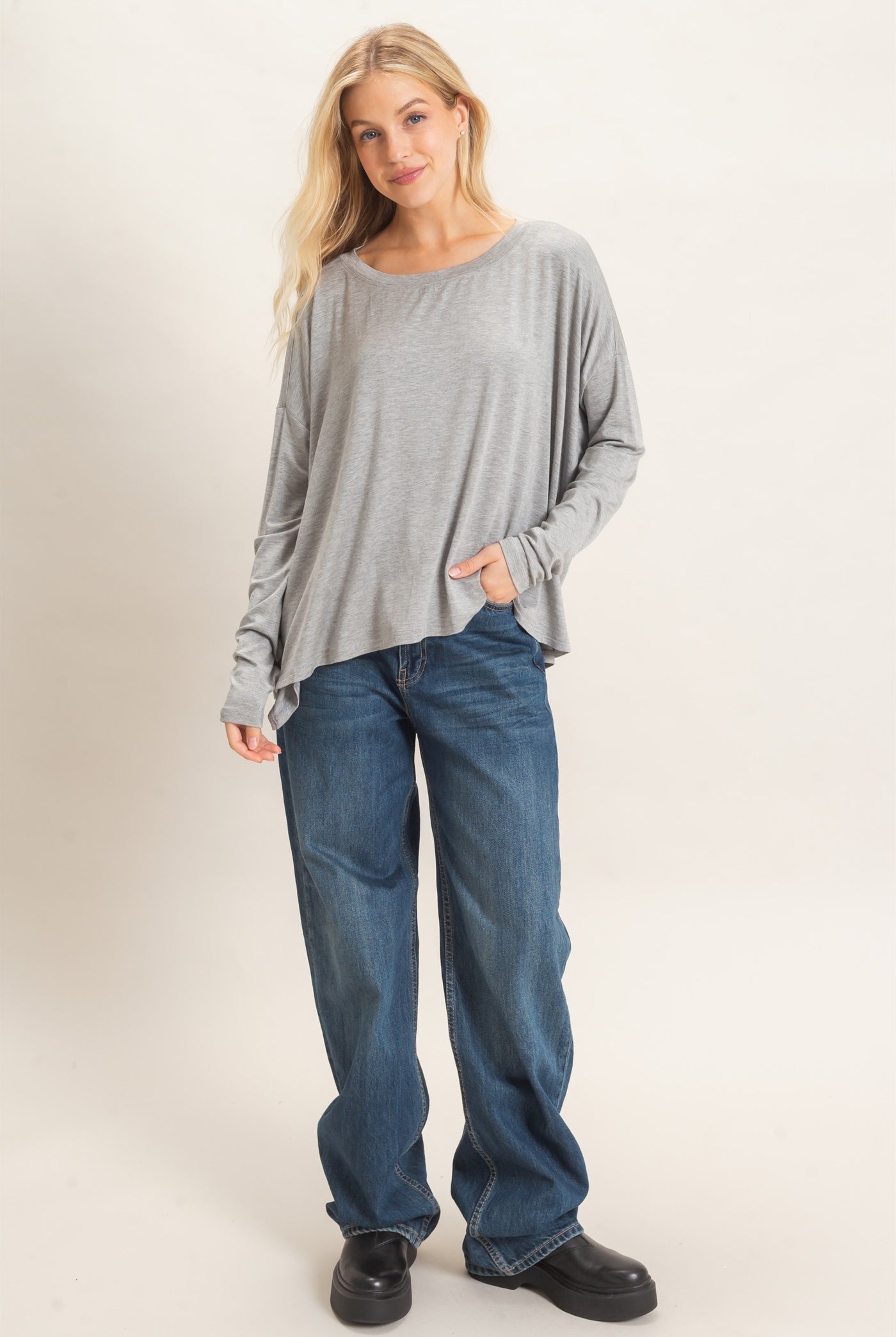 Wholesale Boat Neck Boxy Top Clothing Tops HF26F298 H.GRAY HYFVE
