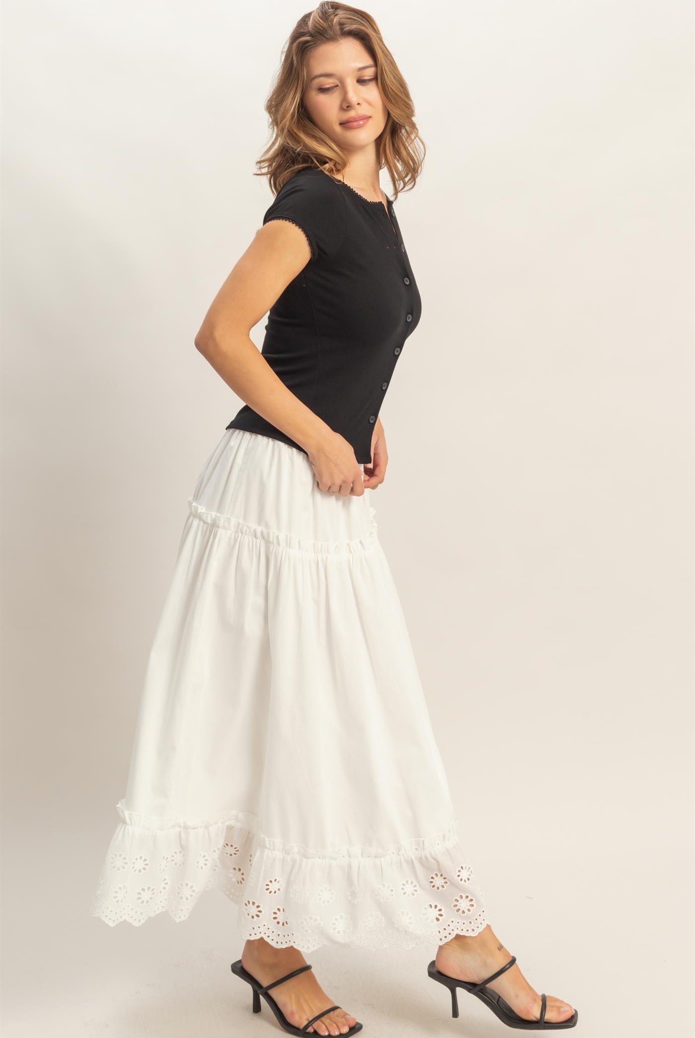 Wholesale Tiered Eyelet Maxi Skirt Skirts HF26C313 WHITE HYFVE